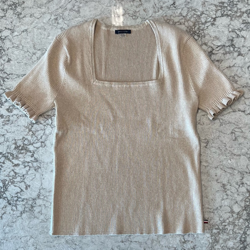 Tommy Hilfiger Fawn Metallic Square Neck Ruffled-Cuff Ribbed Sweater - XL - Picture 3 of 12